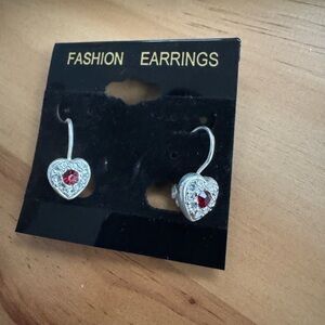 Silver and Red Cubic Zirconia Heart Earrings